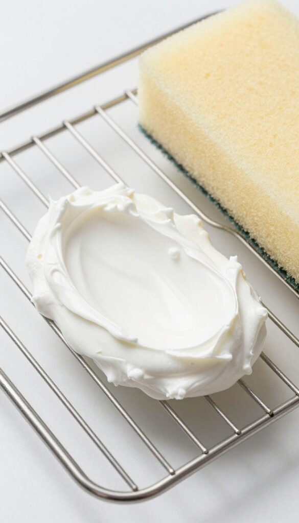 Oven rack with cream of tartar paste applied to grease stains