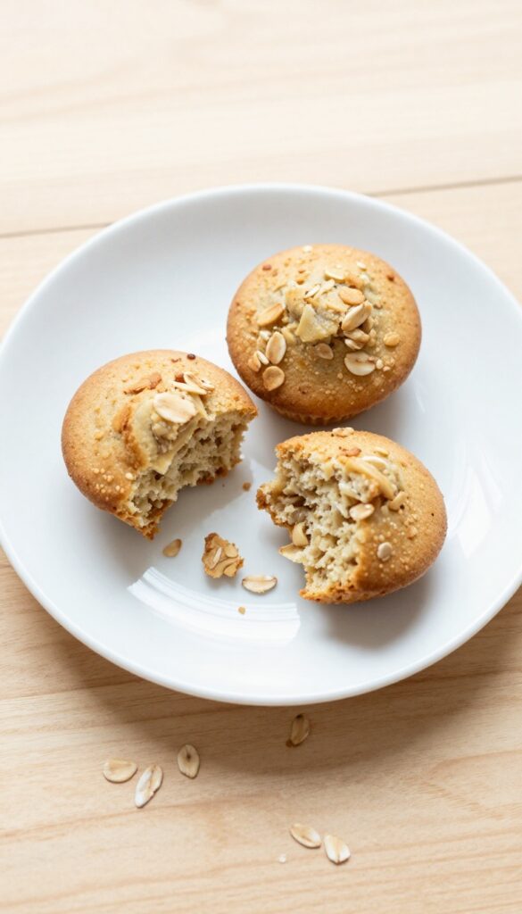 Homemade banana oat mini muffins for dogs, arranged on a white plate with natural lighting and a wooden table background.