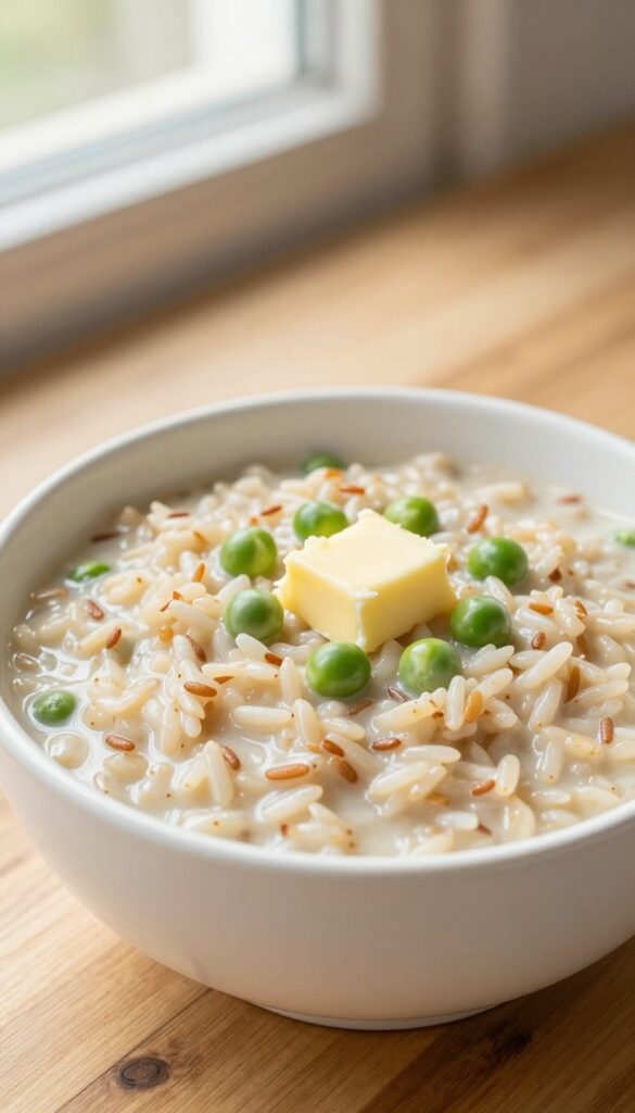 Close-up of creamy pea and brown rice porridge in a small white bowl, with whole peas and butter on top, on a wooden table in natural light.