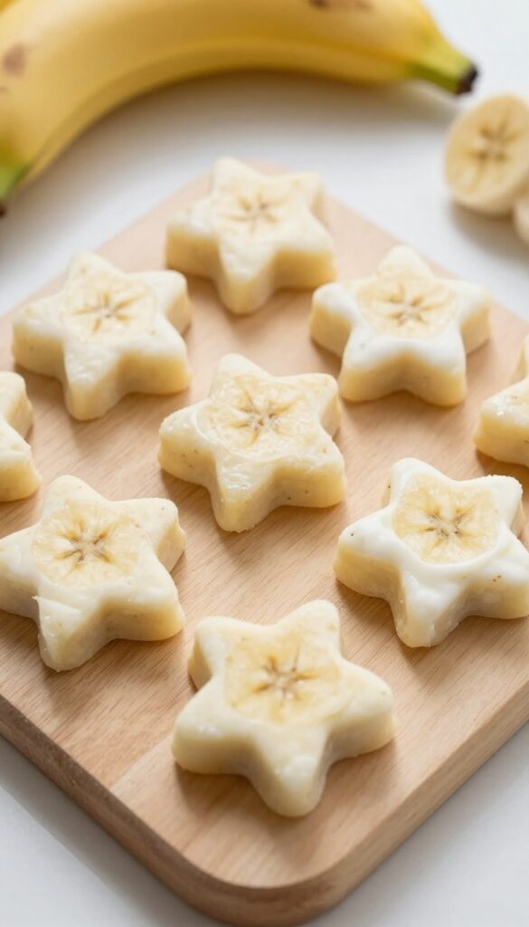 Frozen banana and yogurt dog treats in star and heart shapes on a wooden board, with a silicone mold and banana in background.
