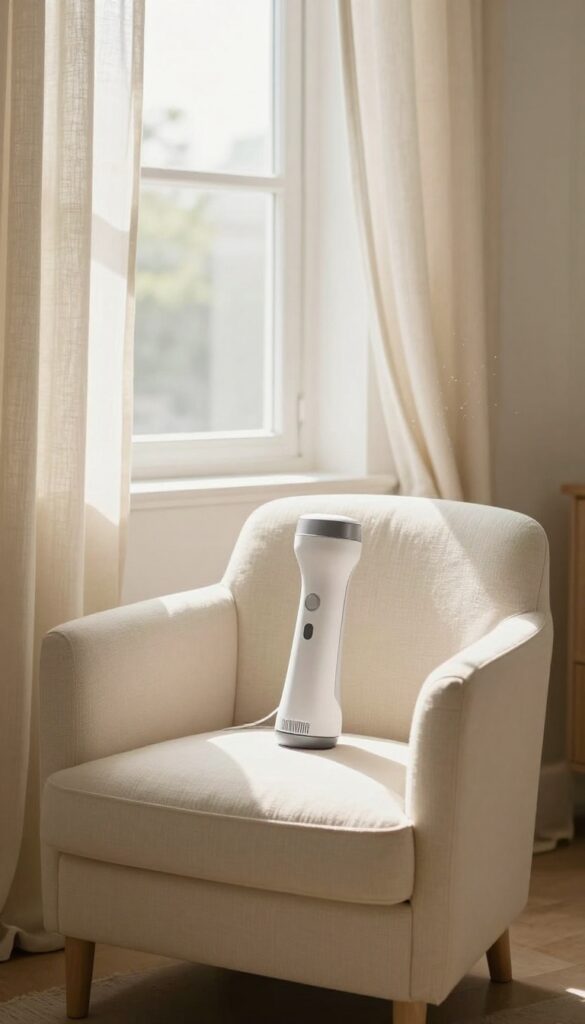 Fresh upholstered chair and curtains in a sunlit room with a fabric steamer