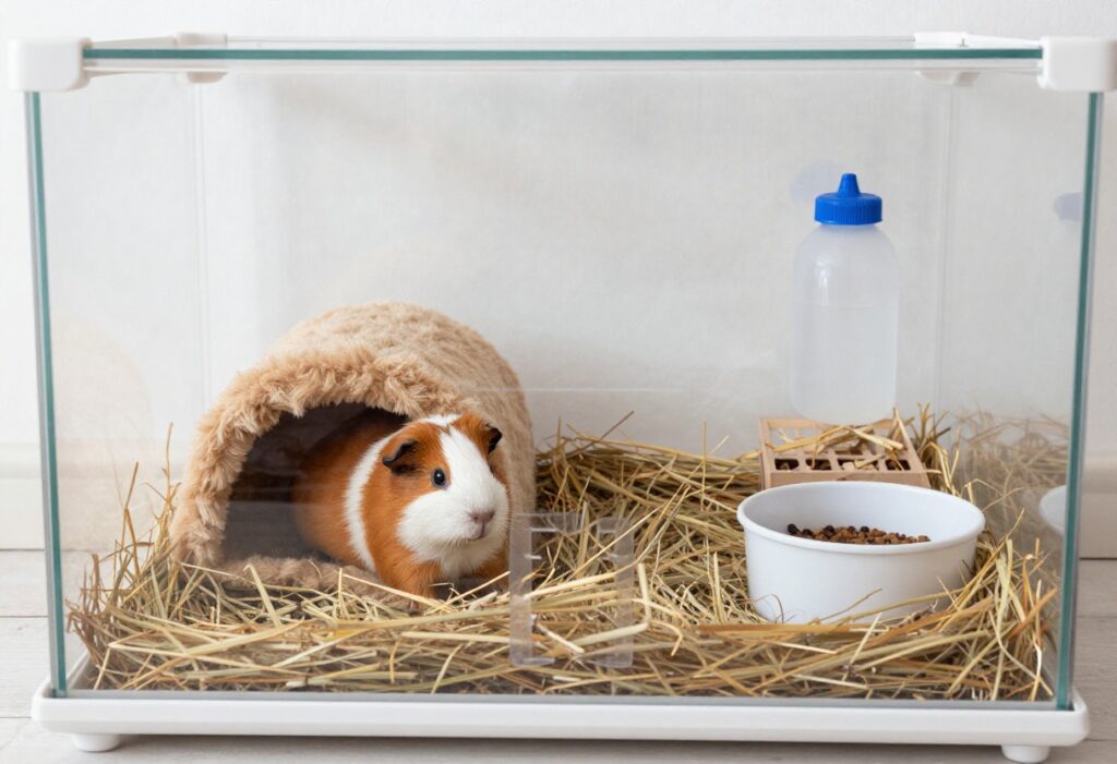 A cute guinea pig cage setup with fleece liners, hideouts, and accessories in a bright room corner.
