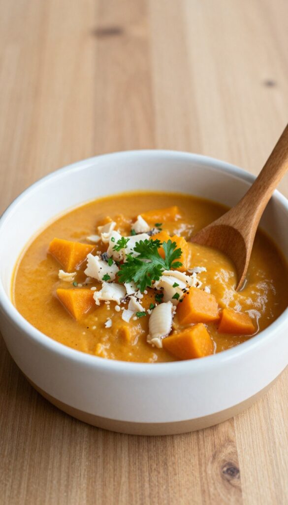 Homemade haddock and pumpkin stew for dogs in a ceramic bowl with parsley garnish