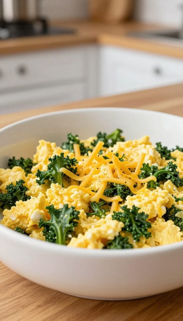 Homemade dog food egg and kale scramble in a bowl, with melted cheese, on a kitchen counter.