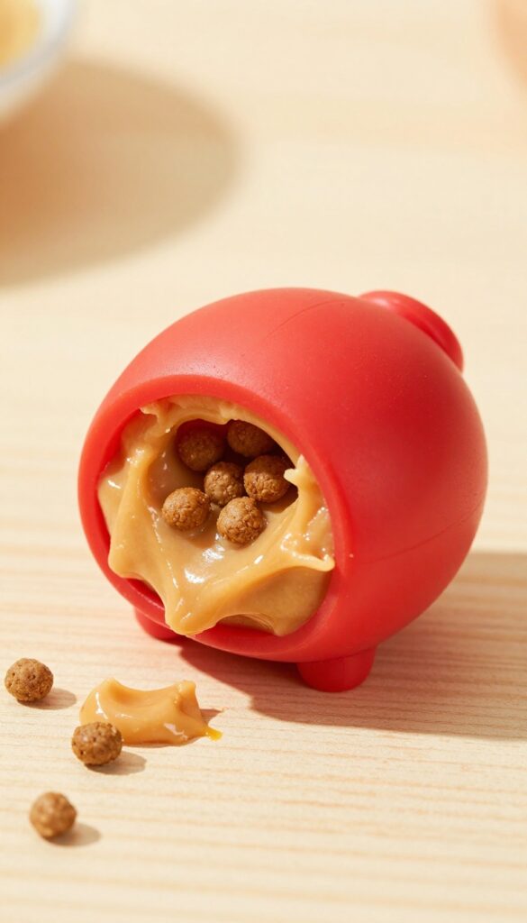 Red Kong toy stuffed with peanut butter and kibble on a wooden surface, slow feeder meal idea for dogs.