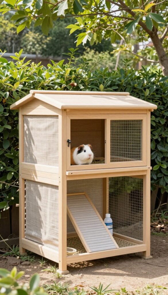 Two-story guinea pig cage with shaded lower level in outdoor garden setting
