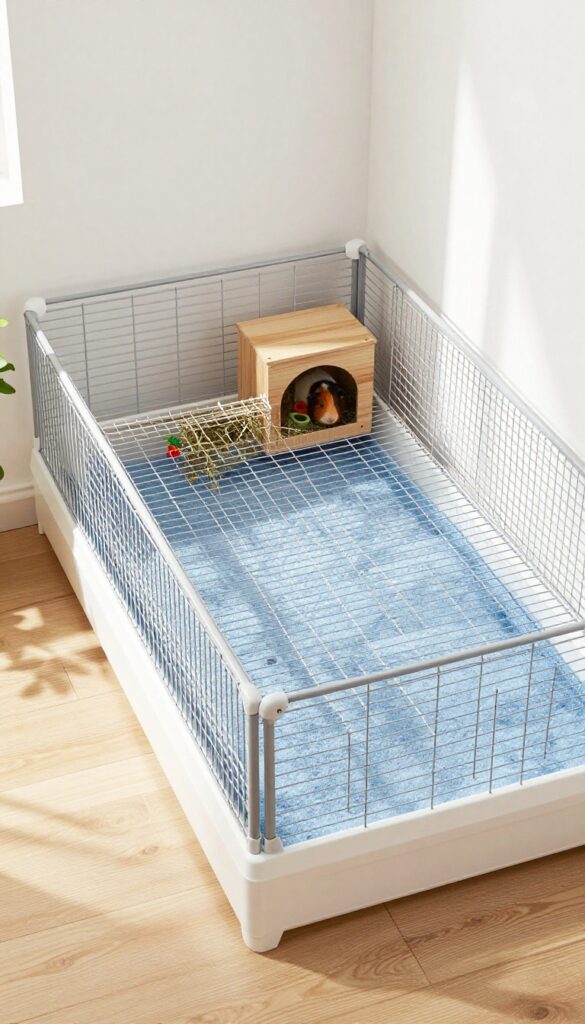 L-shaped C&C guinea pig cage in a bedroom corner with fleece lining, hideout, and hay rack, bright natural light.