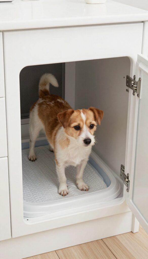 Hidden potty pad area inside a laundry room cabinet with a small dog using it