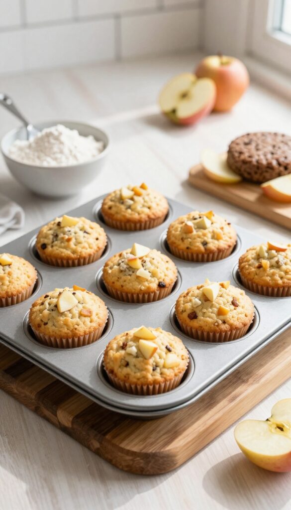 Homemade dog treats: bison and apple mini muffins baked in a mini muffin tin, with ingredients like grated apple and coconut flour on the side.