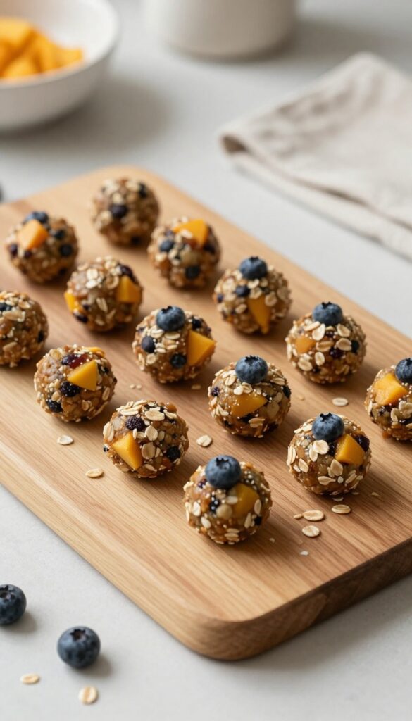 Homemade mango blueberry dog treat energy balls on a wooden board, no-bake and portion-controlled for training.