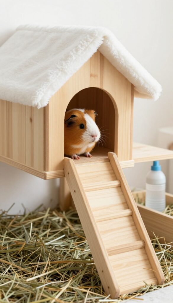 Guinea pig enclosure with a clean loft area, solid fleece floor, hideout, and ramp
