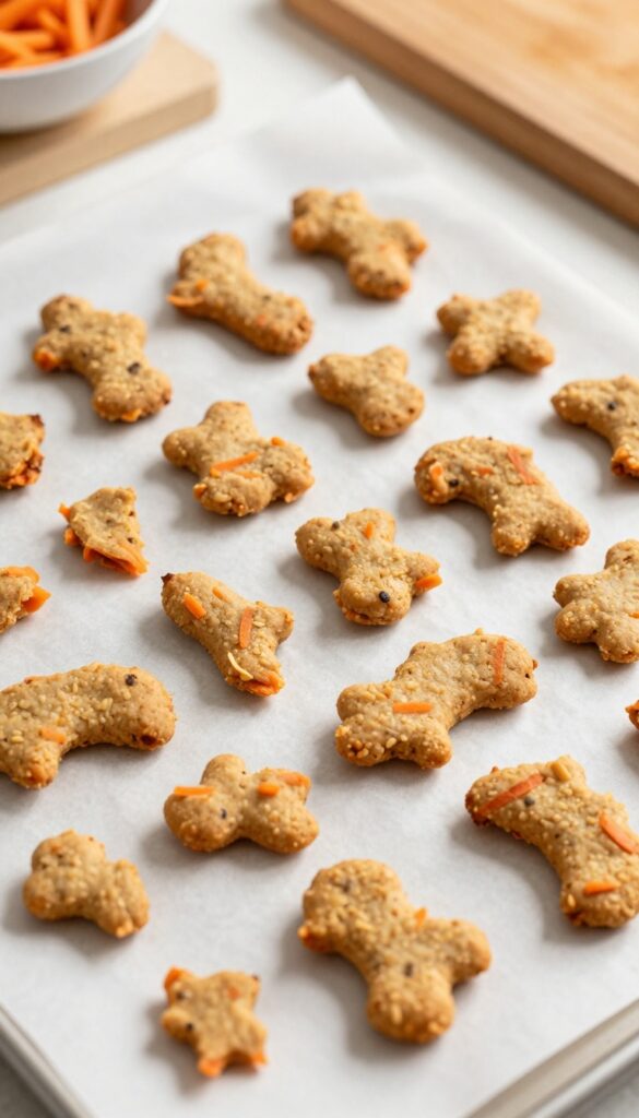 Homemade chicken and carrot dog jerky crunchies arranged on a parchment-lined baking tray.