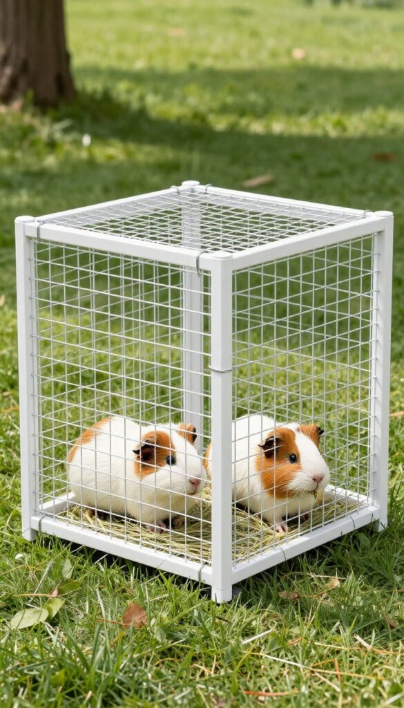 Outdoor C&C grid guinea pig enclosure on grass with guinea pigs inside, wire mesh lid, zip ties, and stakes, bright natural light.