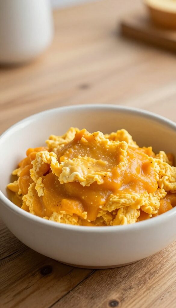 Homemade dog meal of scrambled eggs with pumpkin puree in a ceramic bowl on a wooden table