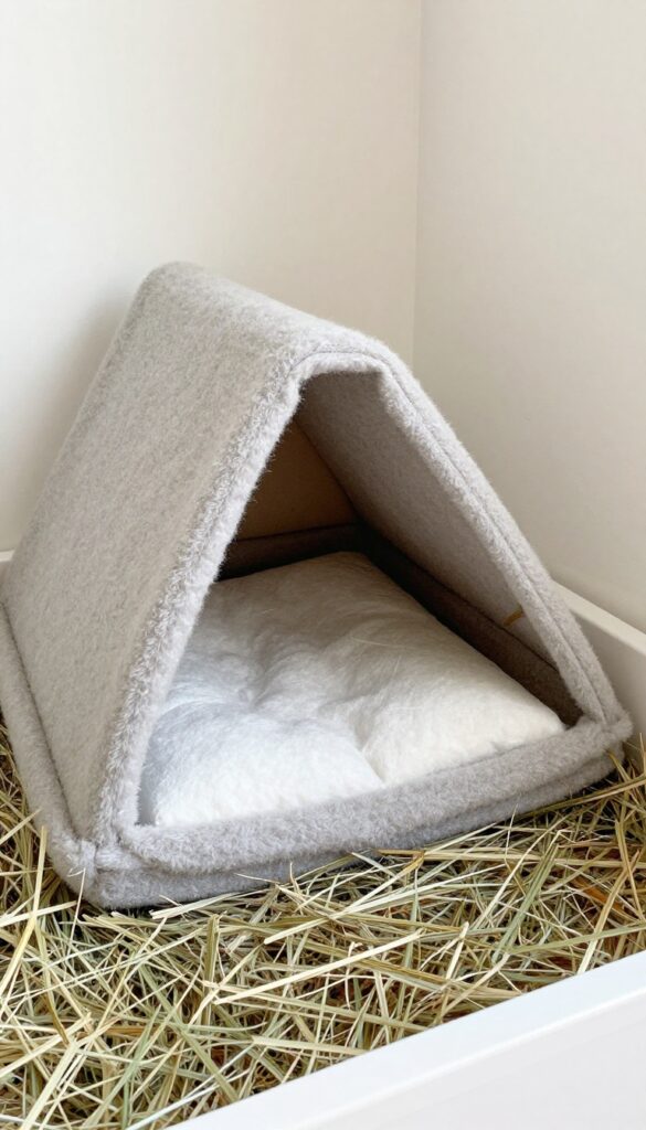 Triangular fleece litter box in guinea pig cage corner with hay and hideout