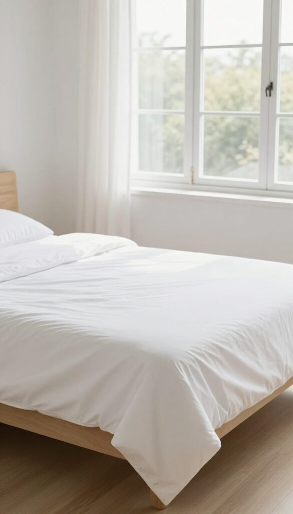 A bed with a white waterproof mattress protector and fresh sheets in a bright, airy bedroom.