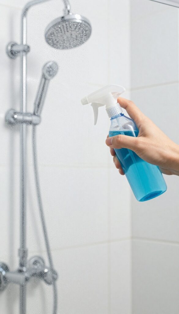 Pristine glass shower door being sprayed with blue cleaning solution in bright bathroom