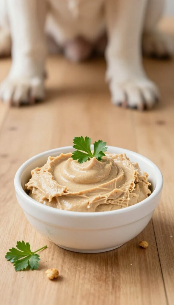 Homemade chicken liver pâté for dogs in a white bowl, with kibble and a dog's paw on a wooden surface.
