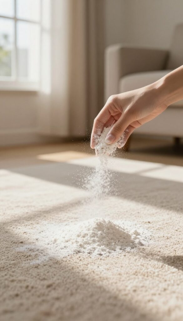 Hand sprinkling cornstarch on carpet in sunlit room