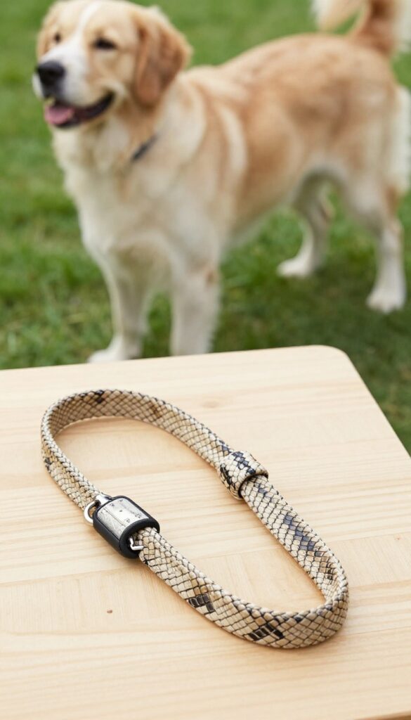 Handmade paracord slip lead leash on wooden surface with dog in background