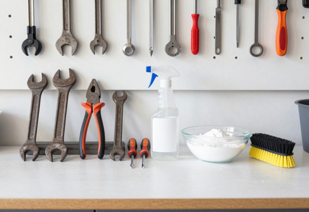 Rusty tools on a garage workbench with cleaning supplies for rust removal