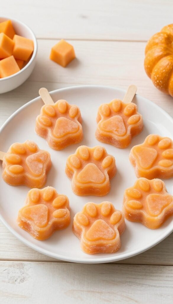 Homemade frozen dog treats made from cantaloupe and pumpkin puree, shaped like paw prints on a white plate, with fresh cantaloupe cubes and pumpkin on a wooden table.