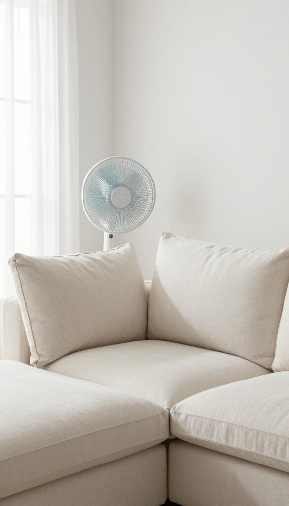 Fan and open window drying a clean couch in a bright living room