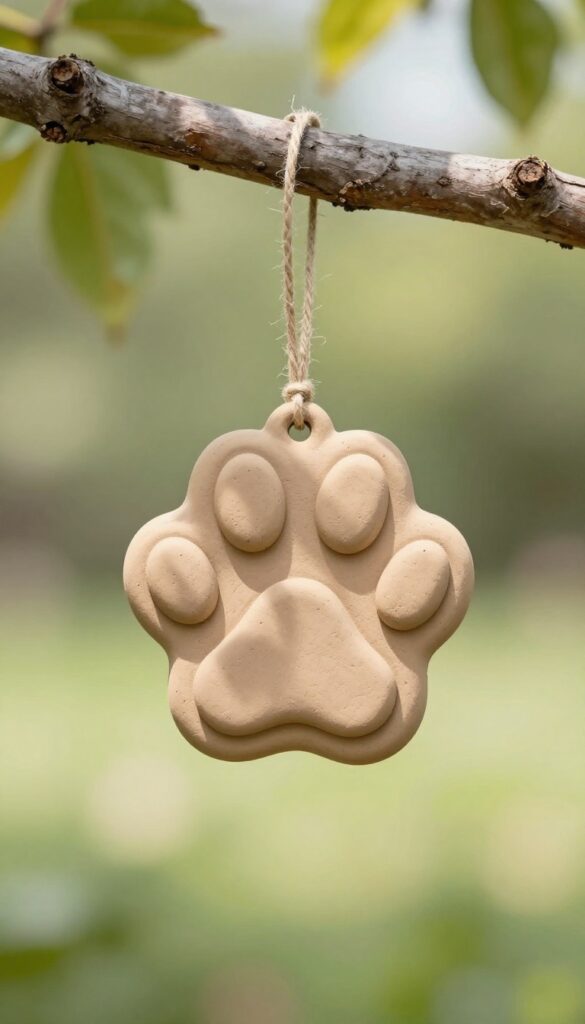 Clay paw print ornament hanging on a tree branch in natural sunlight