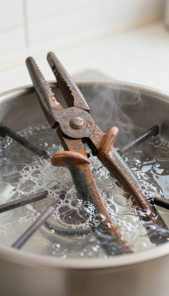 Rusty pliers in a pot of boiling water on a stove