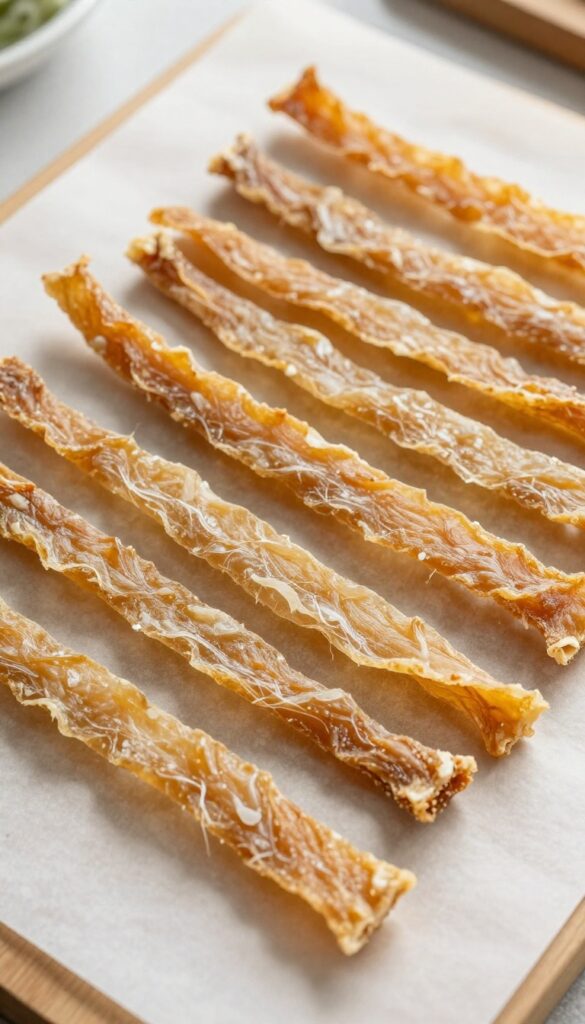 Homemade whitefish jerky dog treats arranged on a baking sheet, crispy and golden brown, perfect for a lean protein snack.