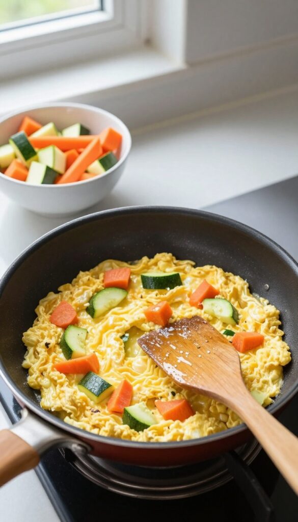 Homemade dog food egg and veggie scramble in a non-stick pan with chopped carrots and zucchini, natural lighting, pet-blog style.