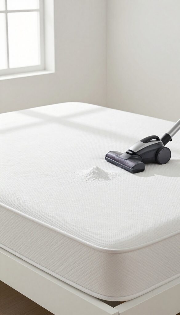 Clean white mattress with baking soda and vacuum cleaner in bright room