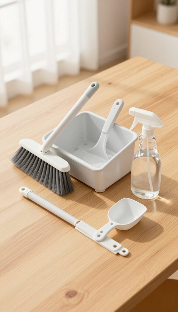 Cleaning caddy with hand broom, dustpan, spray bottle, and scoop for guinea pig cage maintenance