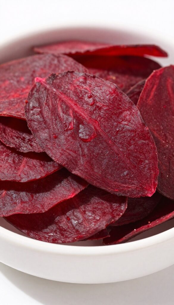 Homemade dehydrated beet chips for dogs, arranged in a bowl with natural light and clean composition.
