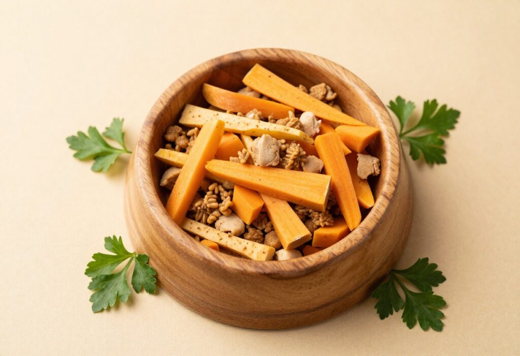 Homemade parsnip dog food in a bowl with chicken and parsley