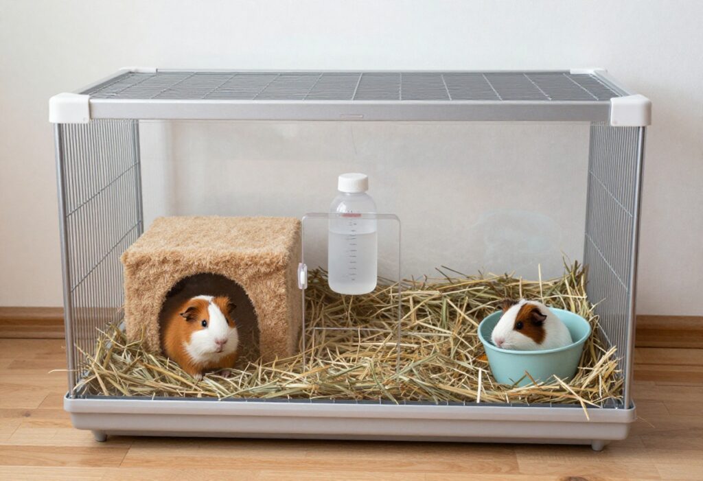 Guinea pig playing in a cardboard tunnel indoors
