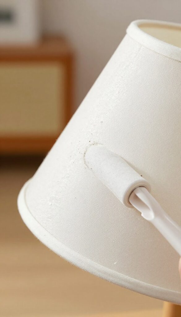 A person using a lint roller to clean a fabric lampshade, removing dust easily.