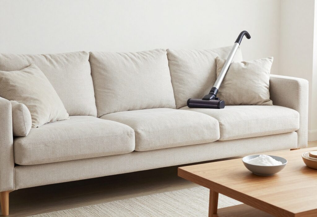 Clean fabric couch in a bright living room with cleaning supplies nearby