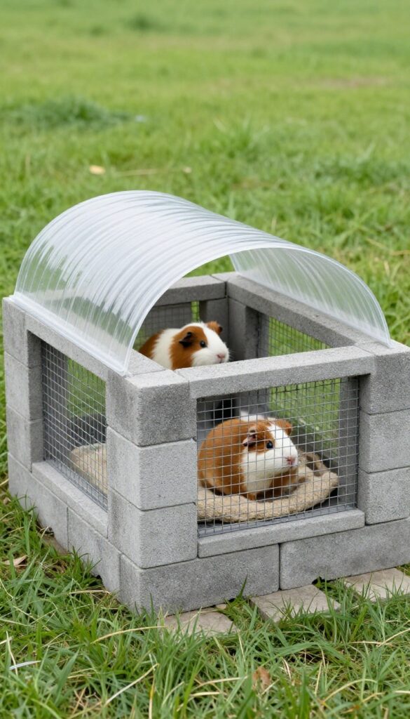 Outdoor guinea pig cage built with cinder block walls, wire mesh ventilation, and corrugated plastic roof