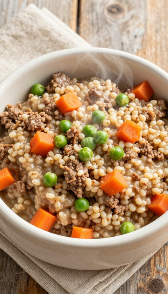 Close-up of a ceramic dog bowl filled with soft beef and barley porridge with carrots and peas, on a wooden table in natural light.