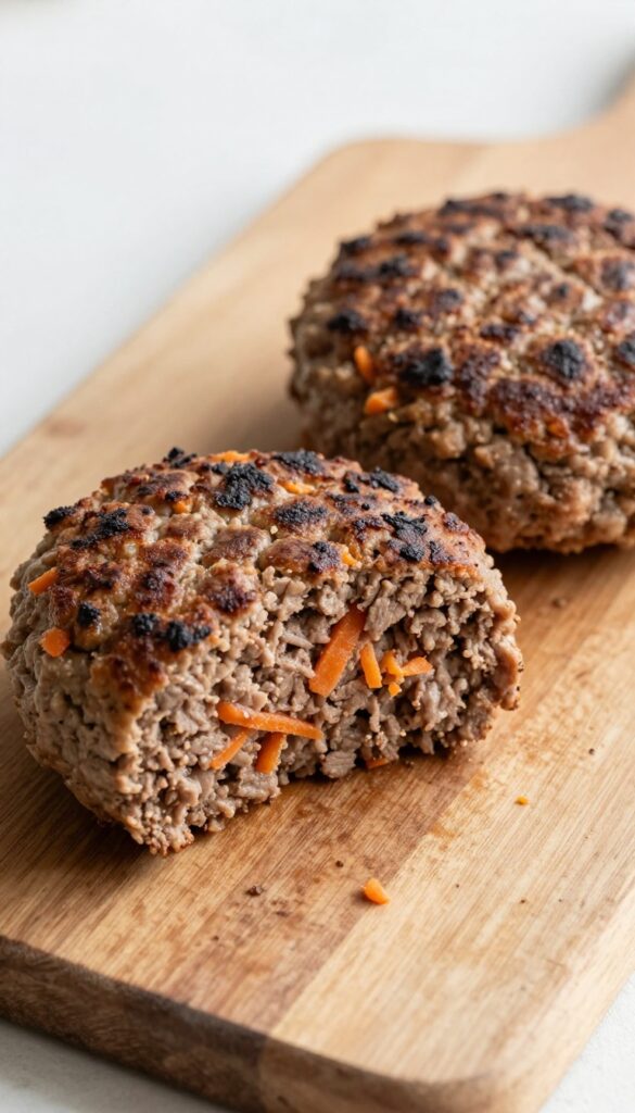 Homemade beef and carrot dog burger patties on a wooden board, cut in half to show texture.