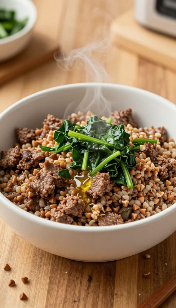 Homemade grain-free dog food bowl with beef, buckwheat, and spinach drizzled with fish oil