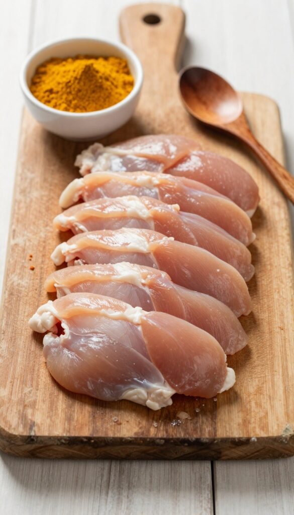 Raw chicken gizzard strips arranged on a wooden cutting board with turmeric powder, ready for dehydrating into dog treats.