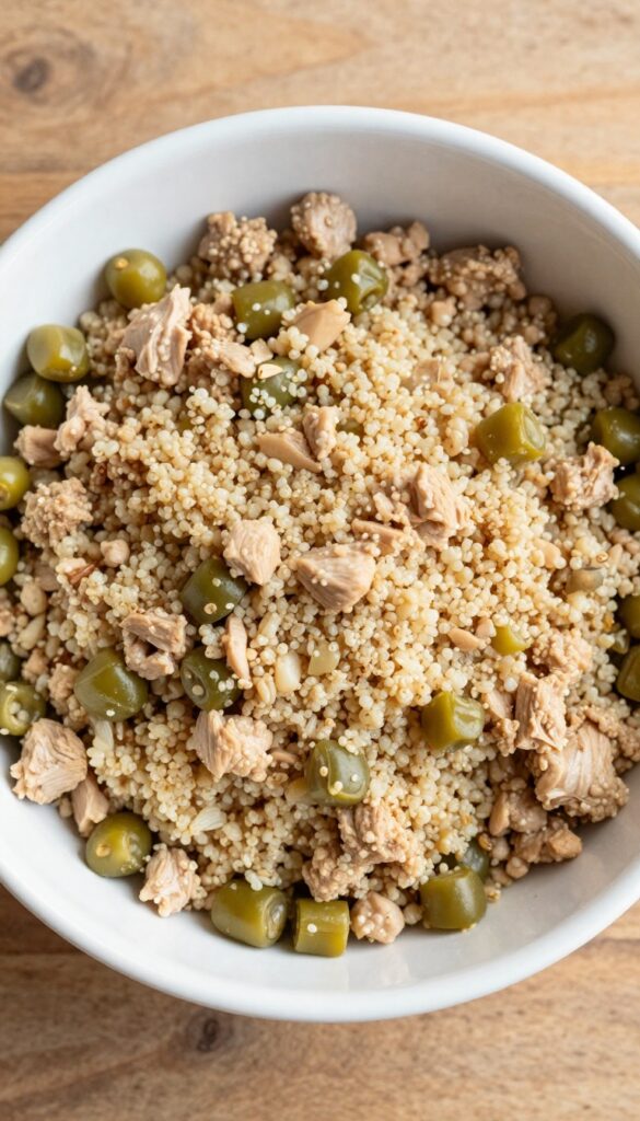 Homemade dog dinner bowl with ground turkey, green beans, and quinoa for a lean protein meal
