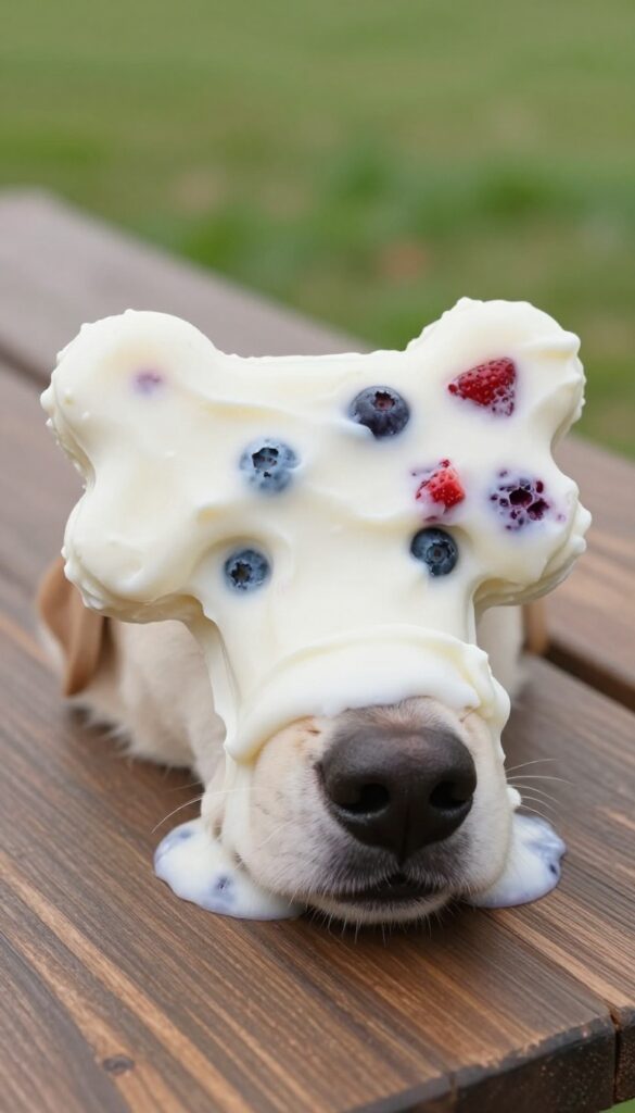 A dog paw holding a frozen yogurt and berry bone-shaped treat on a picnic table outdoors.