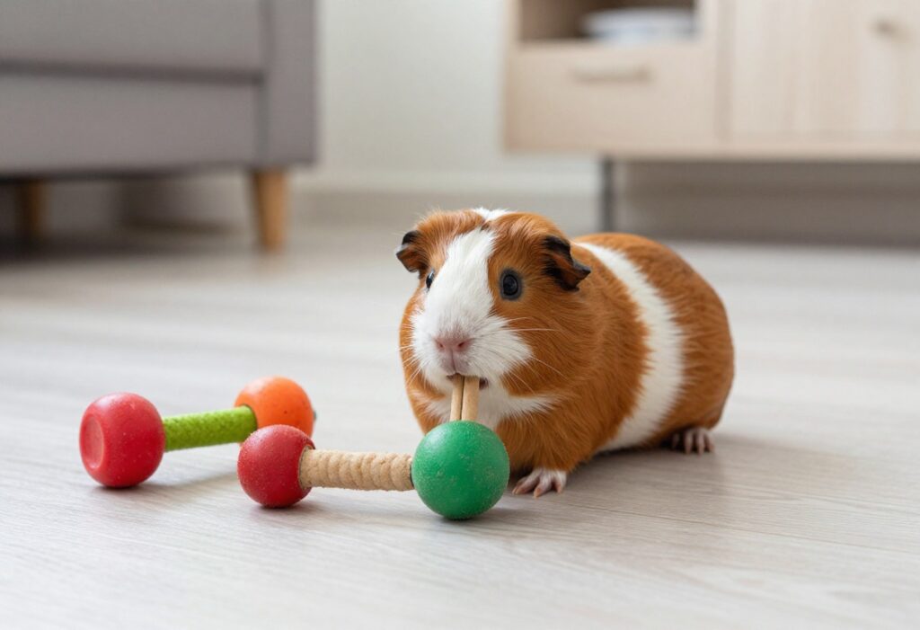 Guinea pig with a variety of safe toys including willow ball, cardboard tunnel, wooden chew stick, and fleece hideaway.