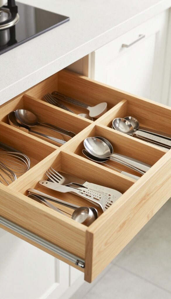Organized kitchen drawer with dividers and neatly arranged utensils after deep cleaning.