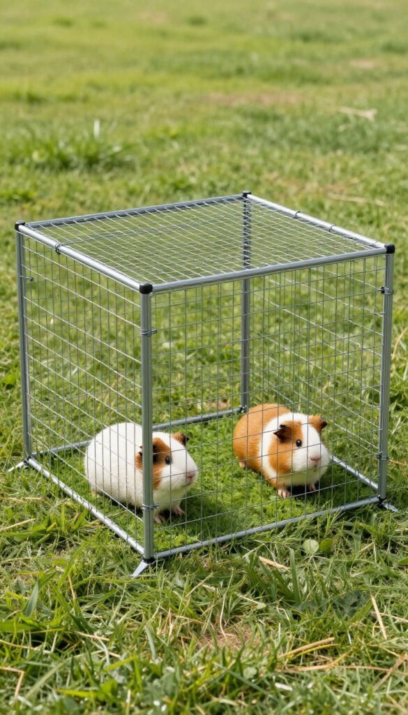 Guinea pig outdoor enclosure made from a metal dog pen with a custom wire roof, staked into grass