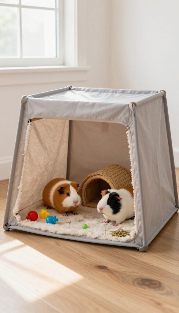 Fabric cube playpen for guinea pigs with fleece lining, toys, tunnel, and hideout, bright natural light.