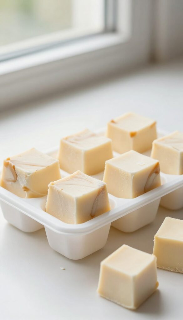 Frozen goat milk and peanut butter cubes in a silicone tray, homemade dog treats.